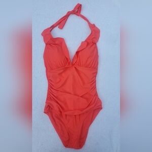 Ellen Tracy Ruffle Halter Rouched One Piece Swimsuit Size 8